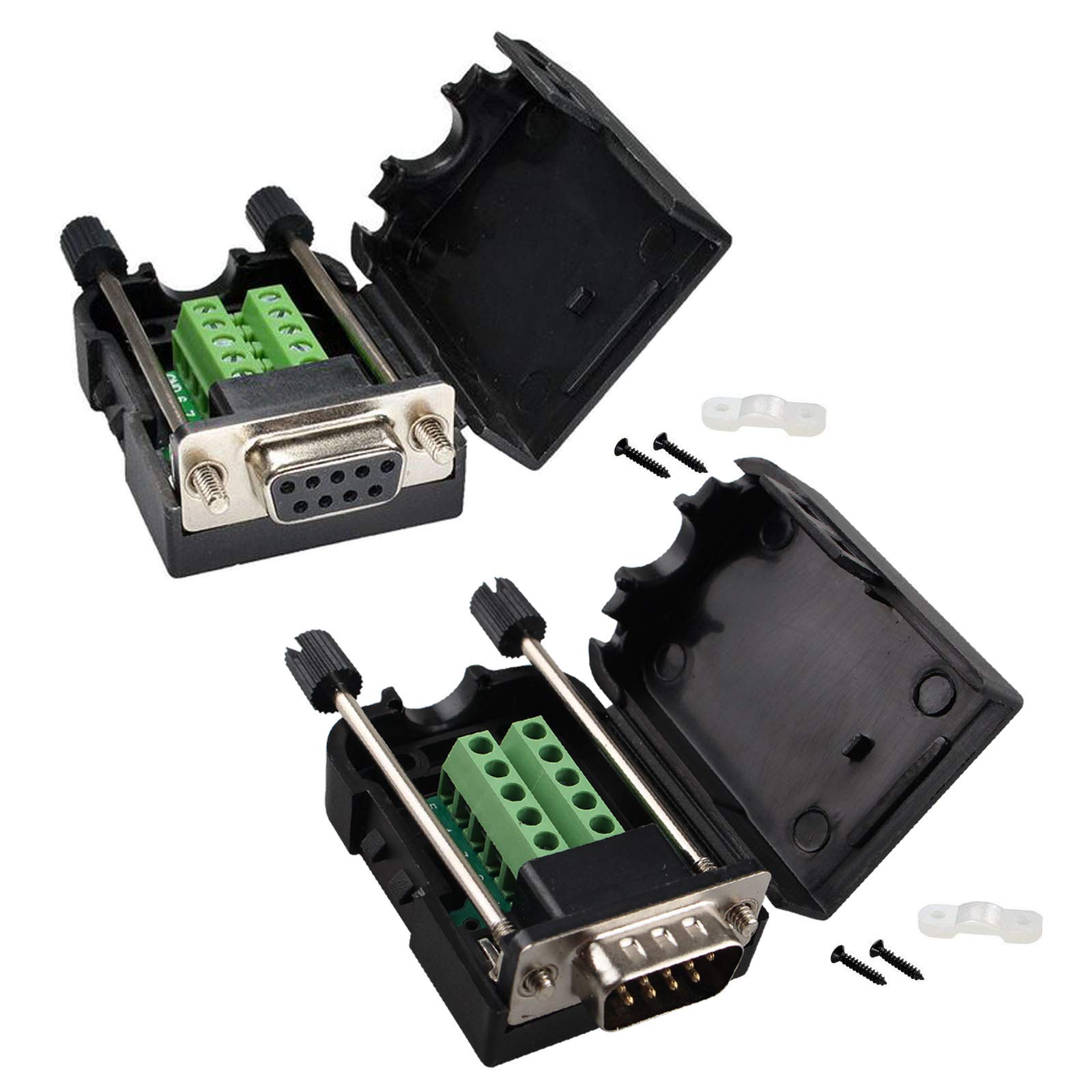 Futheda DB9 RS232 D-SUB Female and Male Adapter 9-pin 2-row Serial Port Breakout Board to Terminal Connector Signal Module Solder-Free (Male Adapter with Case x1, Female Adapter with Case x1)