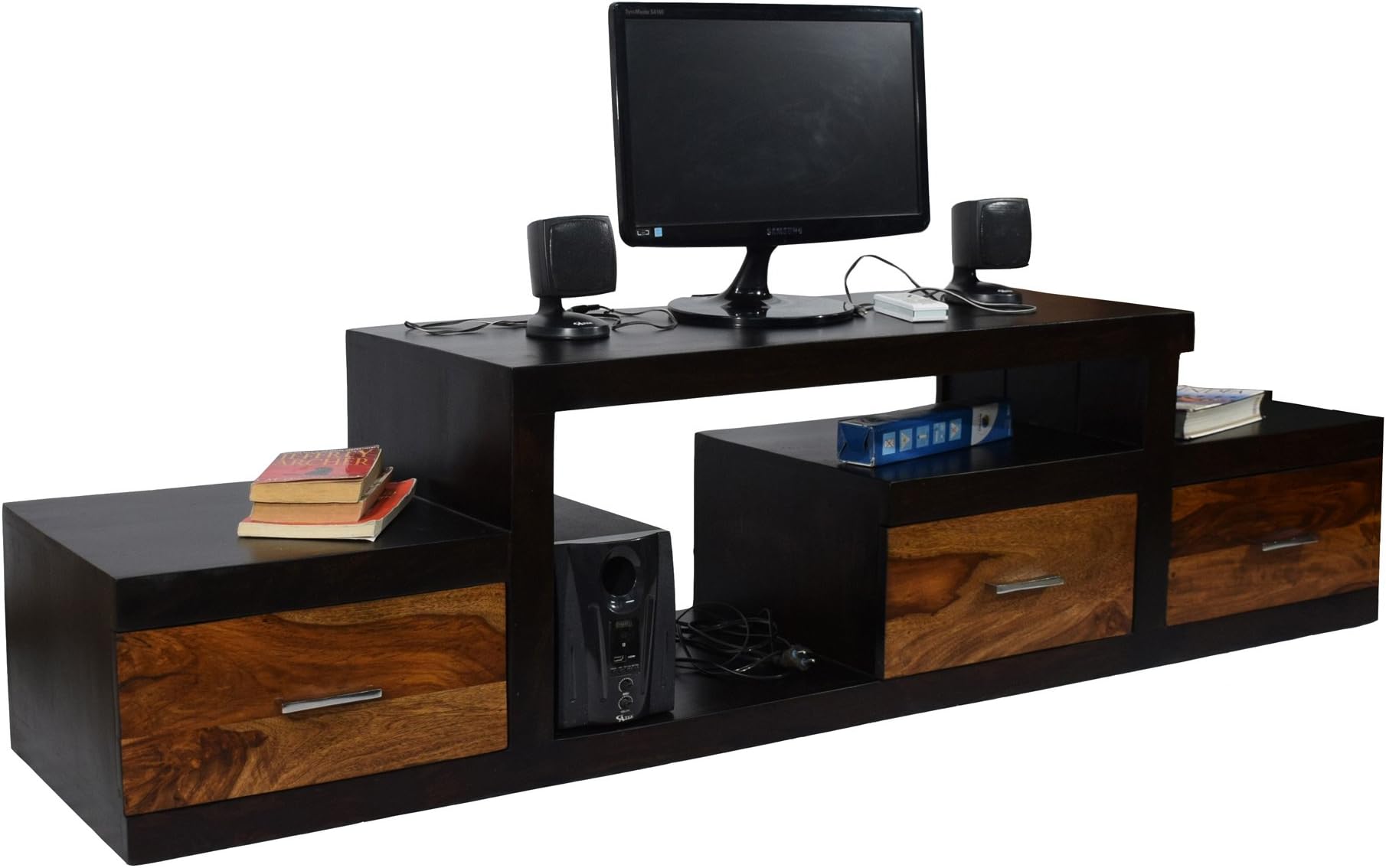 DAINTREE Sheesham Wood 1.75 Meter Dark Walnut & Teak Draw 3 Draw Nadia TV Unit Cabinet Entertainment Stand, Two Tone, Standard (Nadia-TVC-TT)
