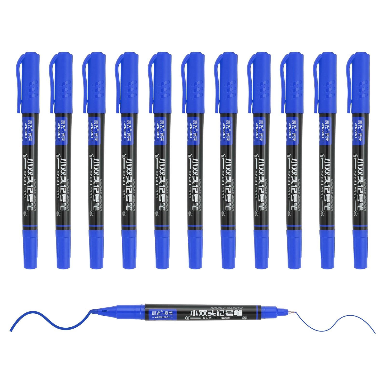 M&G Permanent Twin Markers Dual Ultra Fine Point Tip(1.2mm+0.5mm), 12 Pack Quick Dry Waterproof Fiber Tip Pens for Paper, Glass, Plastic, Wood, Stone, Metal Surface, Blue