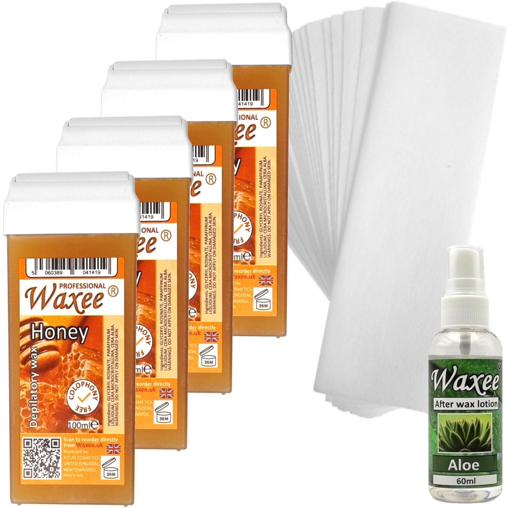 Roll on roller wax cartridge refill x 4pcs + Strips+ After wax oil, waxing pack (Honey.)