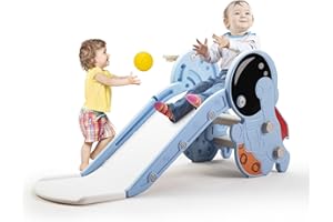 NYEEKOY NEEKOY 4 in 1 Toddler Slide, Indoor Outdoor Baby Slide Climber Playset with Basketball Hoop and Ring Toss for Kids Age 1-5, Foldable Freestanding Toddler Slide Plastic