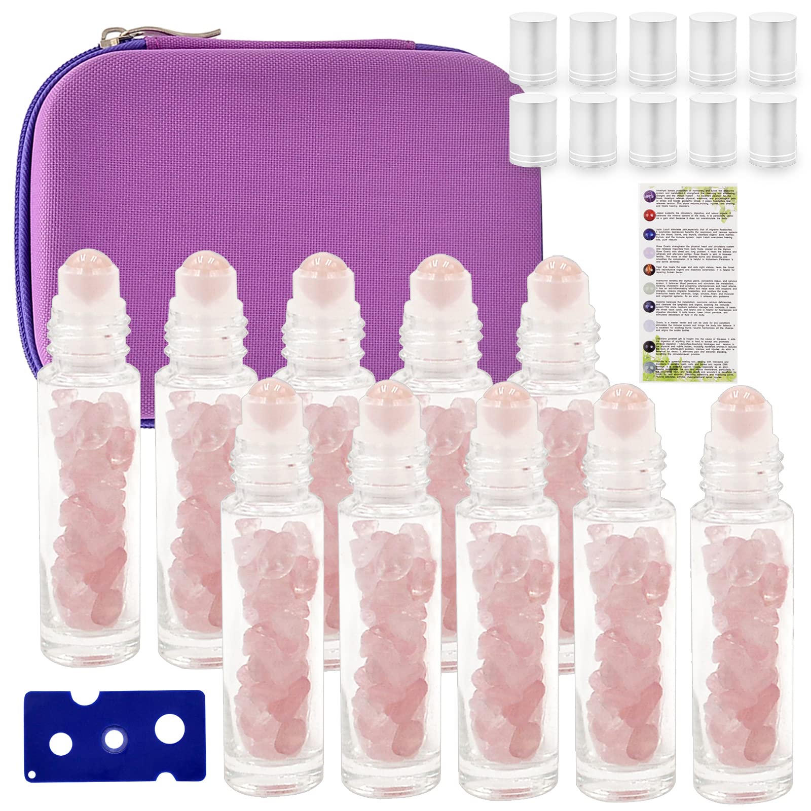 Juanxian 10pcs 10ML Clear Glass Bottles w Free Carrying Case Natural Semiprecious Stones Essential Oil Gemstone Roller Ball Healing Crystal Chips Inside（rose quartz）