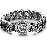 COOLSTEELANDBEYOND Viking Bracelet, Circle Clasp of Wolf, Stainless Steel Grid Pattern Curb Chain Norse Amulet, for Men
