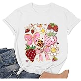 Strawberry Shirt for Women Fruit Graphic T-Shirt Short Sleeve Summer Strawberry Floral Tee Tops