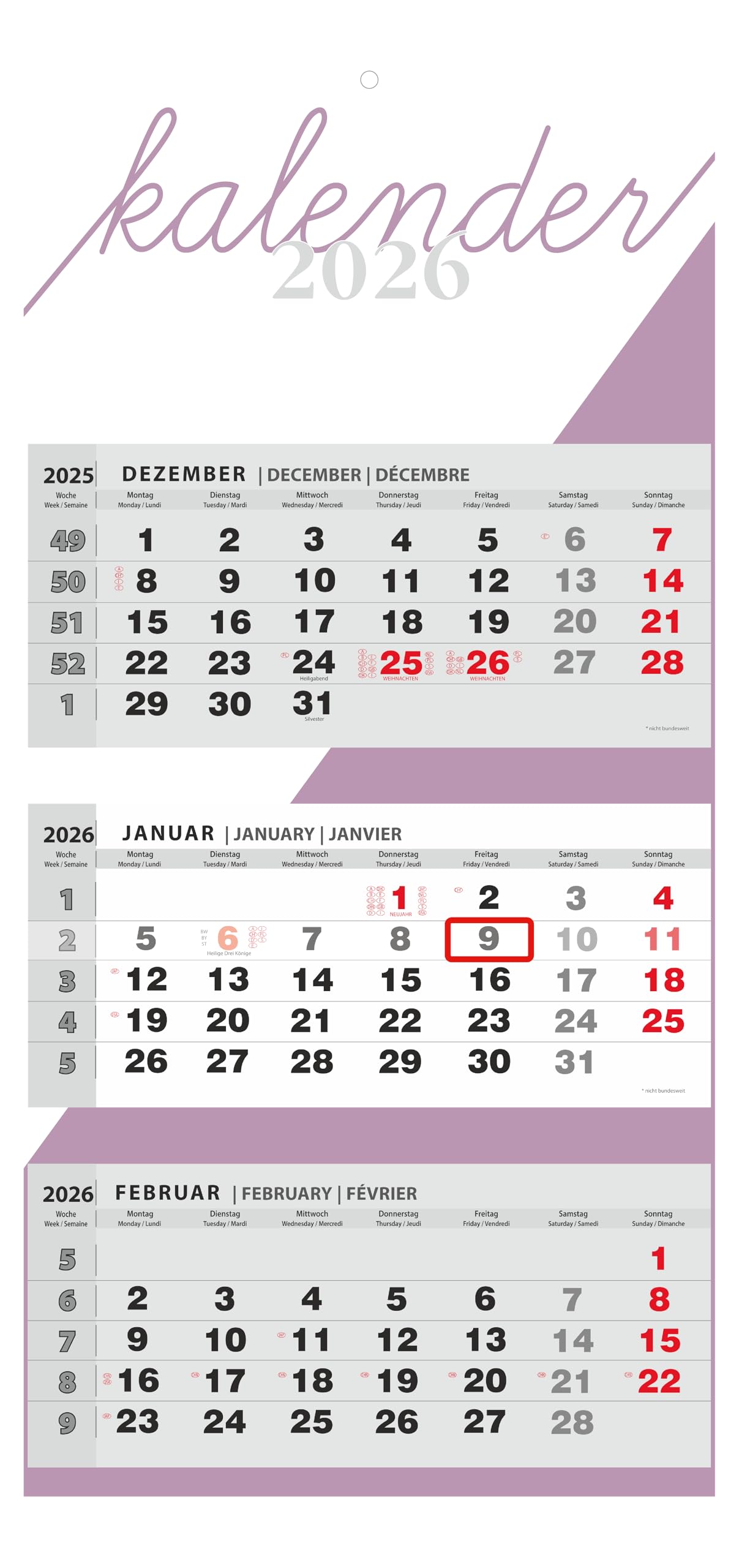 3-Month View Wall Calendar 2026 – Multi-Language (English, German, French) – Large Quarterly Planner for Home & Office – Sliding Date Indicator – Foldable Business Calendar