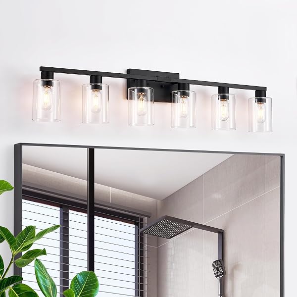 SOPEAS 6-LIGHT BATHROOM VANITY LIGHT BLACK VANITY LIGHTS FOR BATHROOM LIGHT FIXTURES MATTE BLACK 6 LIGHT FIXTURES WITH CLEAR GLASS SHADES FOR BATH OVER MIRROR