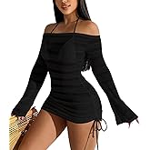 ALIREVERIE Summer Women's Sexy Mesh Hollow Out Off Shoulder Bathing Suit Coverups Long Bell Sleeve Ruched Drawstring Swimsuit
