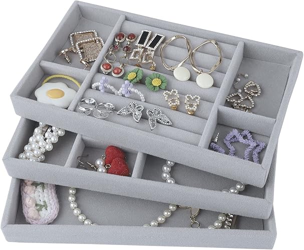 Jewelry Trays Organizer Set of 3 Velvet Stackable Jewellery Drawer