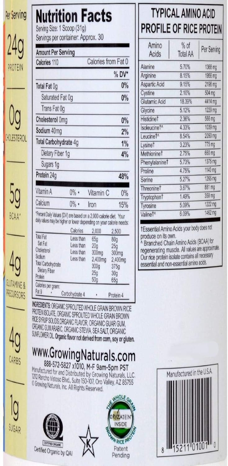 Growing Naturals Organic Rice Protein Powder, Vanilla Blast, 32.8 Ounce, Brown, 2.05 Pound (Pack of 1) (10010): Grocery & Gourmet Food