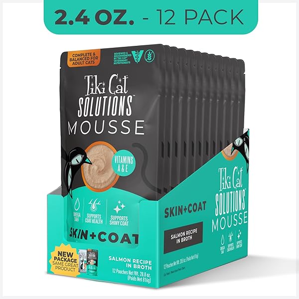 TIKI CAT SOLUTIONS MOUSSE SKIN & COAT MOUSSE, SALMON RECIPE, SPECIALLY FORMULATED WITH OMEGA FATTY ACIDS, FUNCTIONAL WET CAT FOOD FOR ADULT CATS, 2.4 OZ. POUCH (12 COUNT)