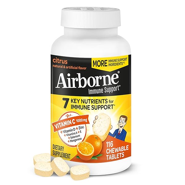 AIRBORNE VITAMIN C 1000MG (PER SERVING) – CITRUS CHEWABLE TABLETS (116 COUNT IN A BOTTLE), GLUTEN-FREE IMMUNE SUPPORT SUPPLEMENT, WITH VITAMINS A C E, ZINC, SELENIUM, ECHINACEA, GINGER, ANTIOXIDANTS