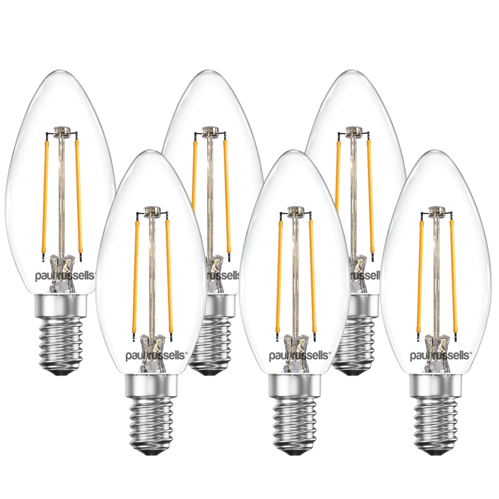 paul russells LED Candle Filament Light – 2.5W 25W Equivalent Replacement, 250LM Lumens, 2700K Warm White, SES E14 Small Edison Screw C35 Bulbs – Bright Energy Saving Non-Dimmable Lamps - 6 Pack