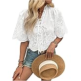 GORGLITTER Women's Tie Front Eyelet Tops Hollow Out Scallop Cropped Blouse