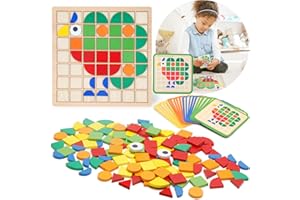 Montessori Tangram Educational, Geometric Shapes Puzzle Toys with 120Pcs Wooden Puzzle Blocks and 20Pcs Cards, Colorful Patte