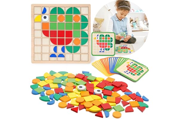 Montessori Tangram Educational, Geometric Shapes Puzzle Toys with 120Pcs Wooden Puzzle Blocks and 20Pcs Cards, Colorful Patte