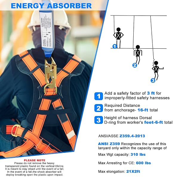 50FT VERTICAL LIFELINE ASSEMBLY，FALL PROTECTION ROPE WITH TWO ROPE GRAB SNAP HOOKS, SHOCK ABSORBER，SAFETY CLIMBING EQUIPMENT ROOFING SAFETY KIT, CE ANSI