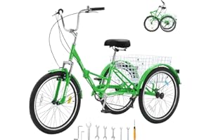 VEVOR Folding Adult Tricycle, 24-Inch 7-Speed Adult Folding Trikes, Carbon Steel 3 Wheel Cruiser Bike with Basket & Adjustabl
