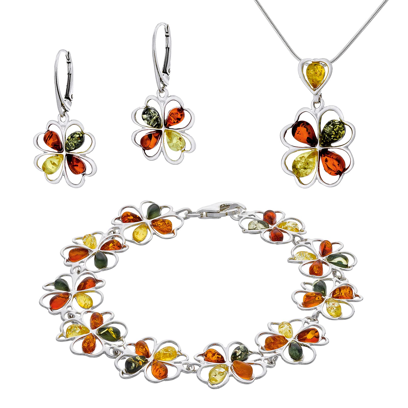 AMBEDORA Large Women's Jewellery Set Juliette, Polished Sterling Silver, Colourful Baltic Amber, Silver Bracelet, Pendant on Chain and Earrings