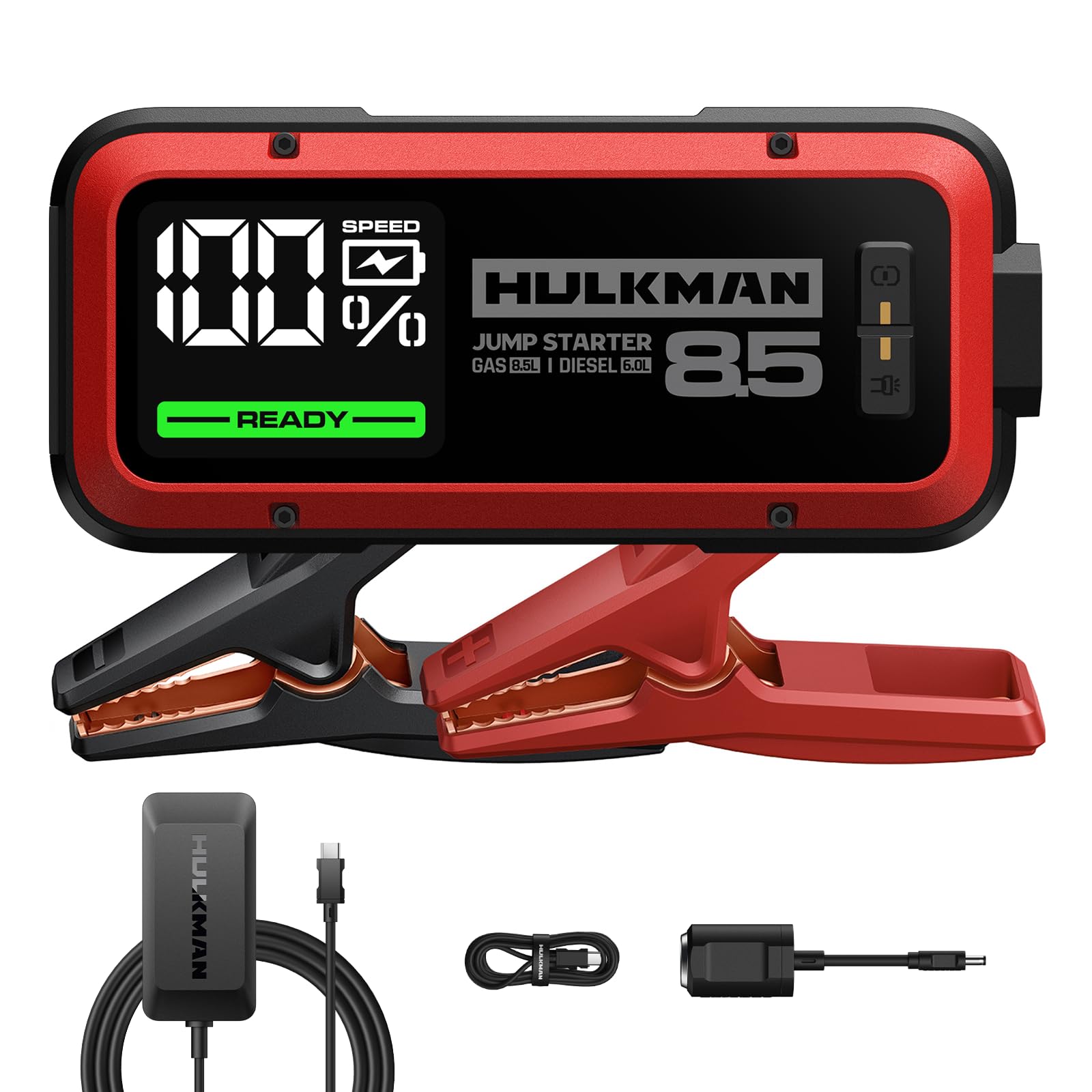 Hulkman Alpha85, rojo carmín, arrancador de batería de coche de 2000 A, 74 Wh, incluye cargador rápido de 65 W, arrancador de batería portátil de coche de 12 V, banco de energía de respaldo, pantalla LED, cables de puente para hasta 8,5 L de gasolina/6,0 