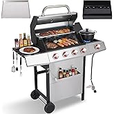 LMNOCHM Gas and Charcoal Grill Combo with Side Burner, 4-Burner Propane Grill and Griddle Combo with Porcelain-Enameled Cast Iron Grates &amp; Double-Wall Insulated Lid, 49,000 BTU Outdoor BBQ Grill