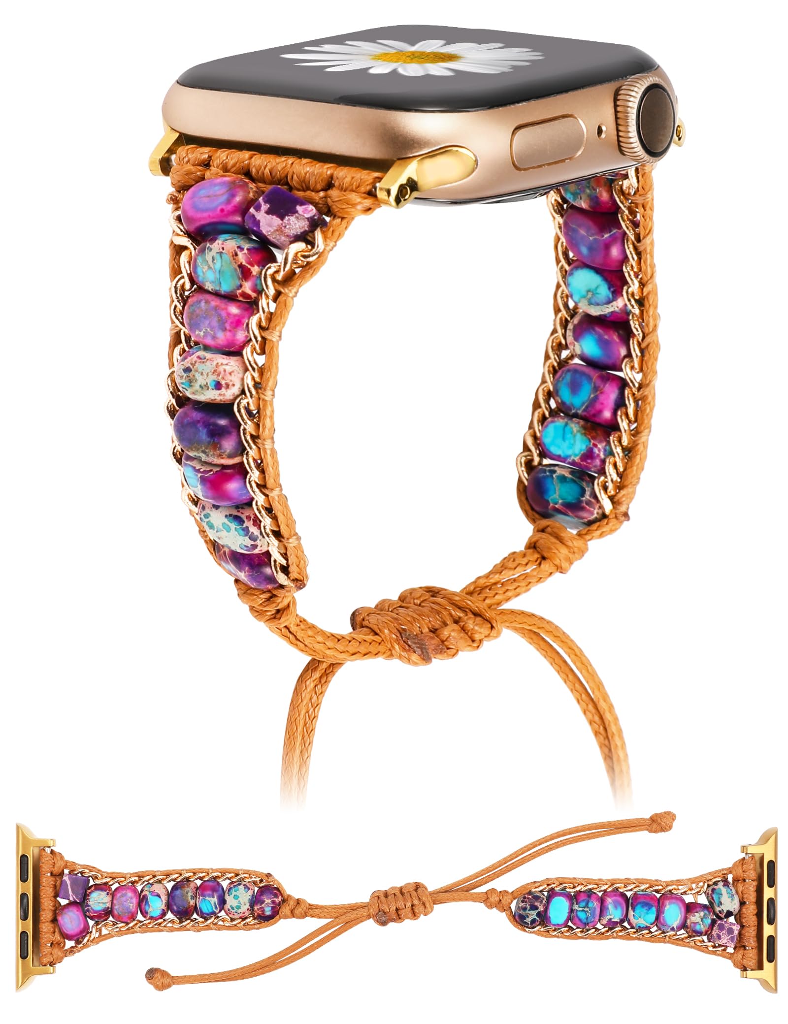 W-RARA Boho Stone Bracelet Compatible with Apple Watch Band 38/40/41/42mm Women, Handmade Chakra Energy Natural Stone Colorful Jasper Strap for iWatch Series 10 9 8 7 6 5 4 3 2 1 SE Purple, L