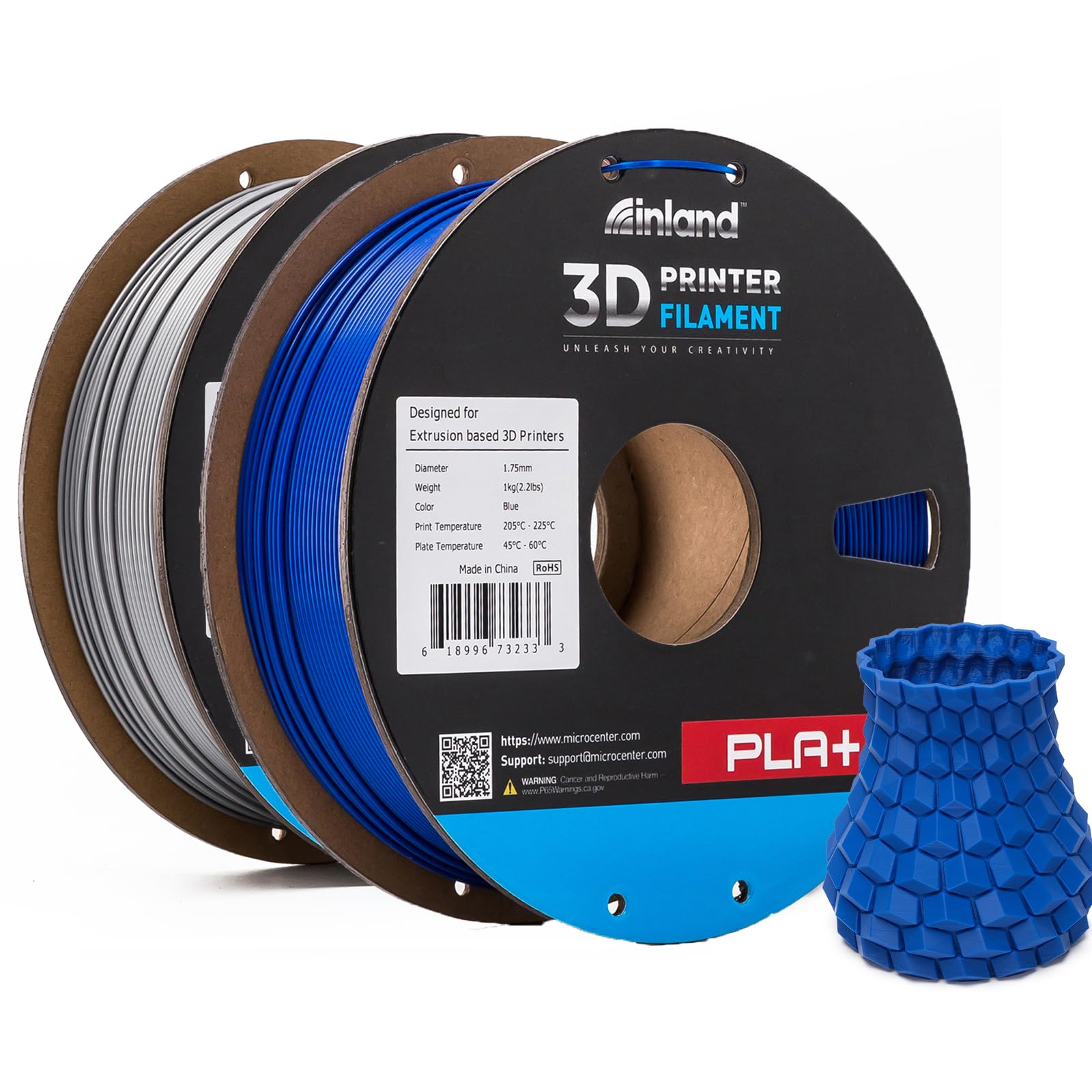INLAND Micro Center PLA+ 3D Printing Filament 1.75mm - PLA Pro Dimensional Accuracy +/- 0.03 mm - 1kg Cardboard Spool (2.2 lbs) (2 Pack Silver & Blue, 1.75mm) Image