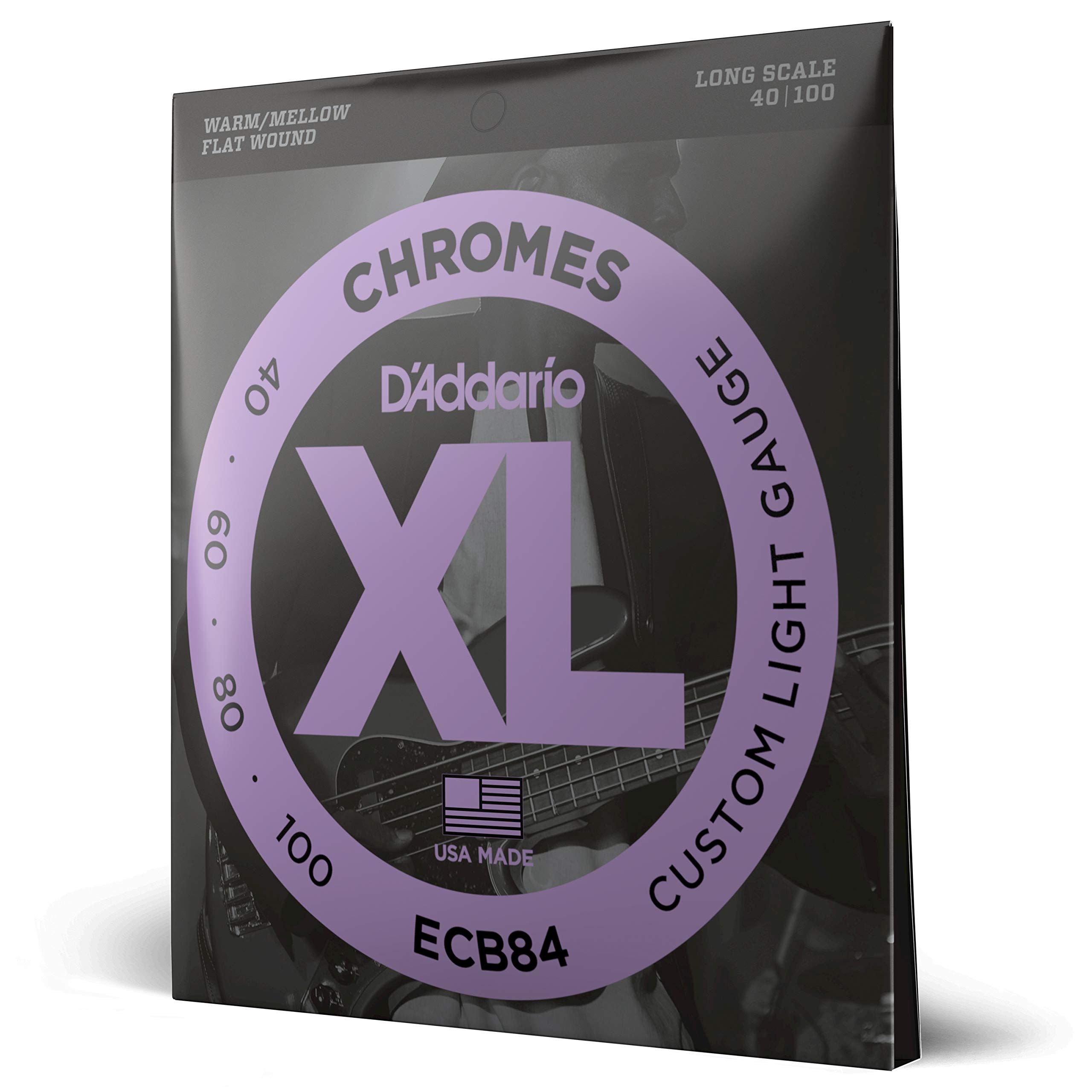 D'Addario XL Chromes Flat Wound Bass Guitar Strings - ECB84 - Long Scale - Custom Light, 40-100