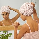 Kitsch Luxury Reusable Shower Cap Terracotta Checker Satin Lined Large view 7