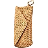 Woven Straw Sunglasses Case, Boho Rattan Soft Bag Eyeglass Travel Glasses Case Hard Shell With Clip Hook, Protective Key Chain Organizer Storage Holder Pouch For Women Men Fashion Accessories Vacation