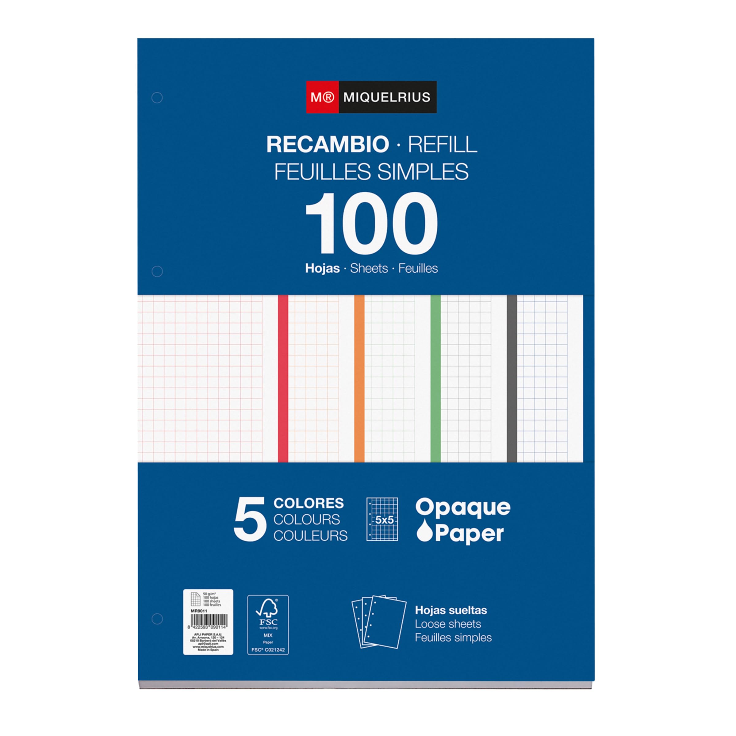 Miquelrius - Loose Leaf Refill Pad, 5 Stripes of Intense Colours, 100 Sheets of 5 mm, A4 Size, 90 g/mยฒ Paper, 4 Drills โ image 1
