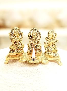 Shilcra Rajasthani Handicrafts Golden Metal Diwali Decorative Laxmi Ganesha Saraswati Idol Sitting Diya Statue | Puja Diya |Lakshmi Ganesh Saraswati Showpiece | Oil Lamp | Festive Diya Decoration