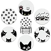 Drink Coasters Set of 6 with Holder,Cute Black Cat Absorbent Ceramic Coasters with Cork Base,Fit All Cups,Tabletop Protection Mat for Mugs and Cups,Office,Kitchen