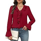 Funlingo Women's Long Sleeve Tops Dressy Casual V Neck Ruffle Tunic Chiffon Blouse Fall Trendy Work Shirts