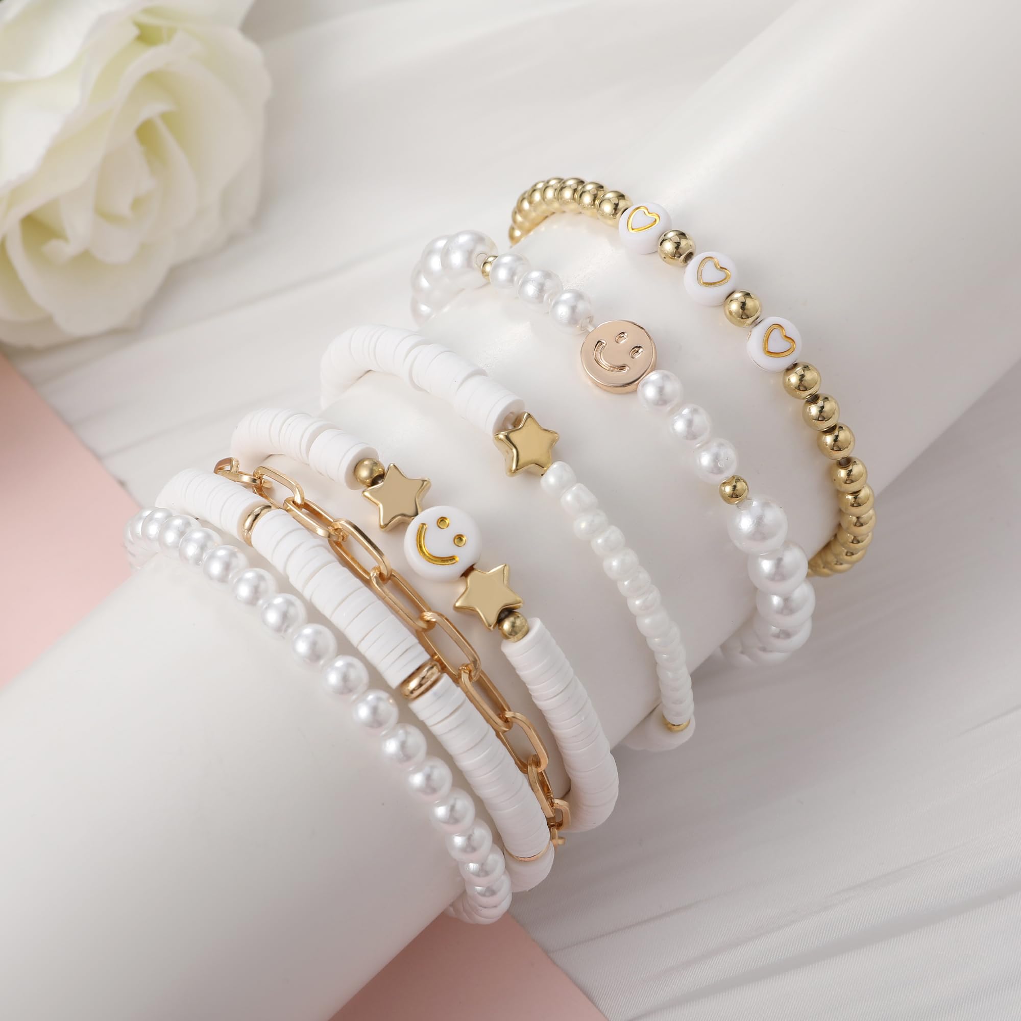 Preppy Bracelets Set Colorful White Gold Smile Heart Star Polymer Beaded Pearl Clay Stackable Charm Y2K Kidcore Aesthetic Summer Beach Bohemian Stretch Layering Bracelets Jewelry for Girls Women Teens
