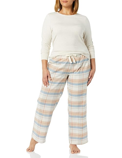 Amazon Essentials Women's Lightweight Flannel Pant and Long-Sleeve T-Shirt Sleep Set, Dusty Blue Mix Plaid/Oatmeal Heather, X-Large