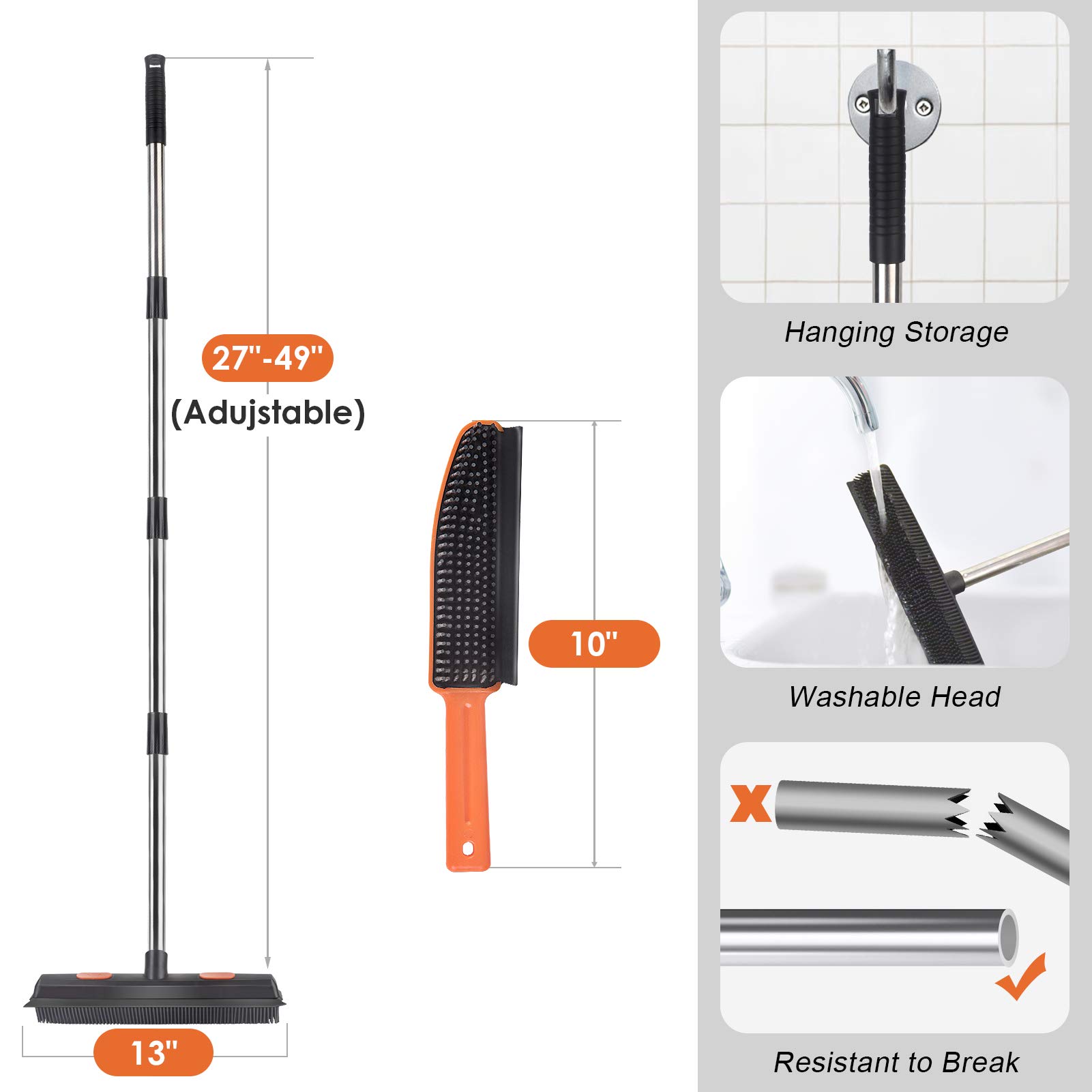 Conliwell Rubber Broom Carpet Rake for Pet Hair, Fur Remover Broom with Squeegee, Portable Detailing Lint Remover Brush (Stainless 4 Steel Handle)