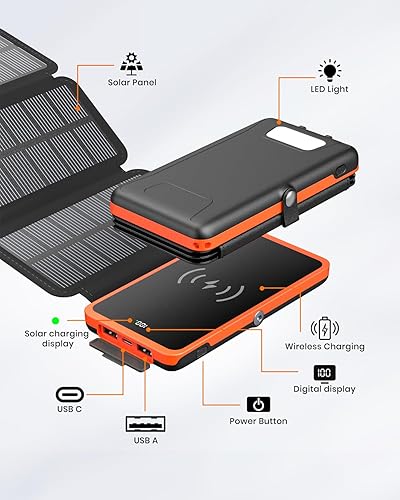 Hiluckey Power Bank Wireless Charger 10000mAh Built in Solar Panels Three  Outputs 15W Fast Charging Solar Ch