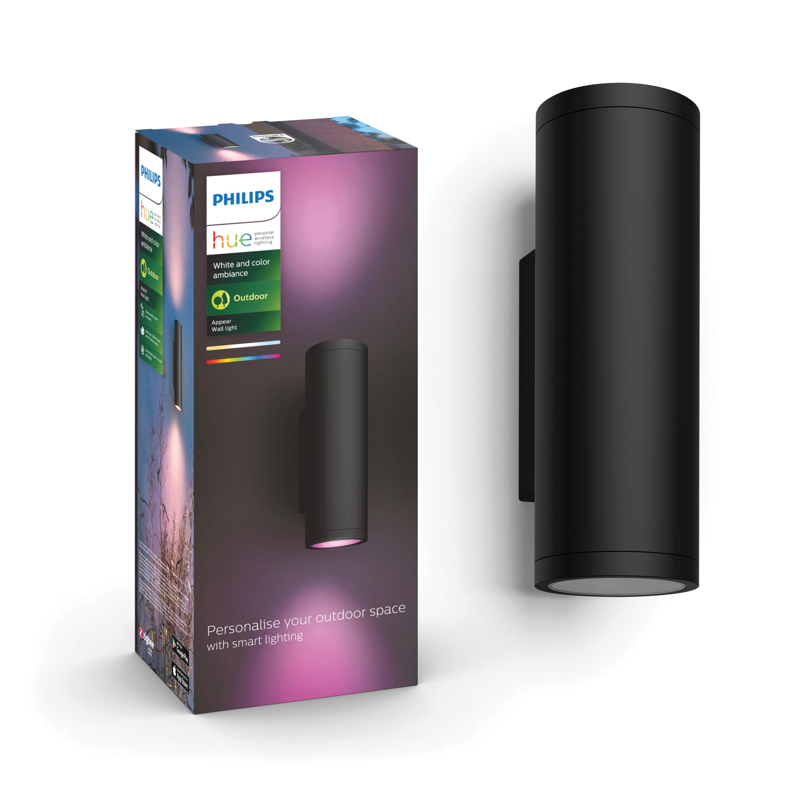 Philips Hue Appear Colour Smart LED Outdoor Wall Light, LED Outdoor Lighting for Patios and Gardens, Ambient Lighting Compatible with Alexa, Google Assistant and Apple Homekit