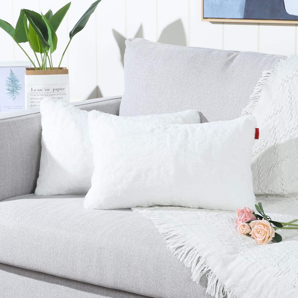 Mandioo Pure Snow White Faux Fur Cushion Covers 12x20 Inches Lumbar Cushion Cases Fuzzy Cozy Soft Decorative Throw Pillowcases for Sofa Bedroom Car 30cmx50cm,Pack of 2