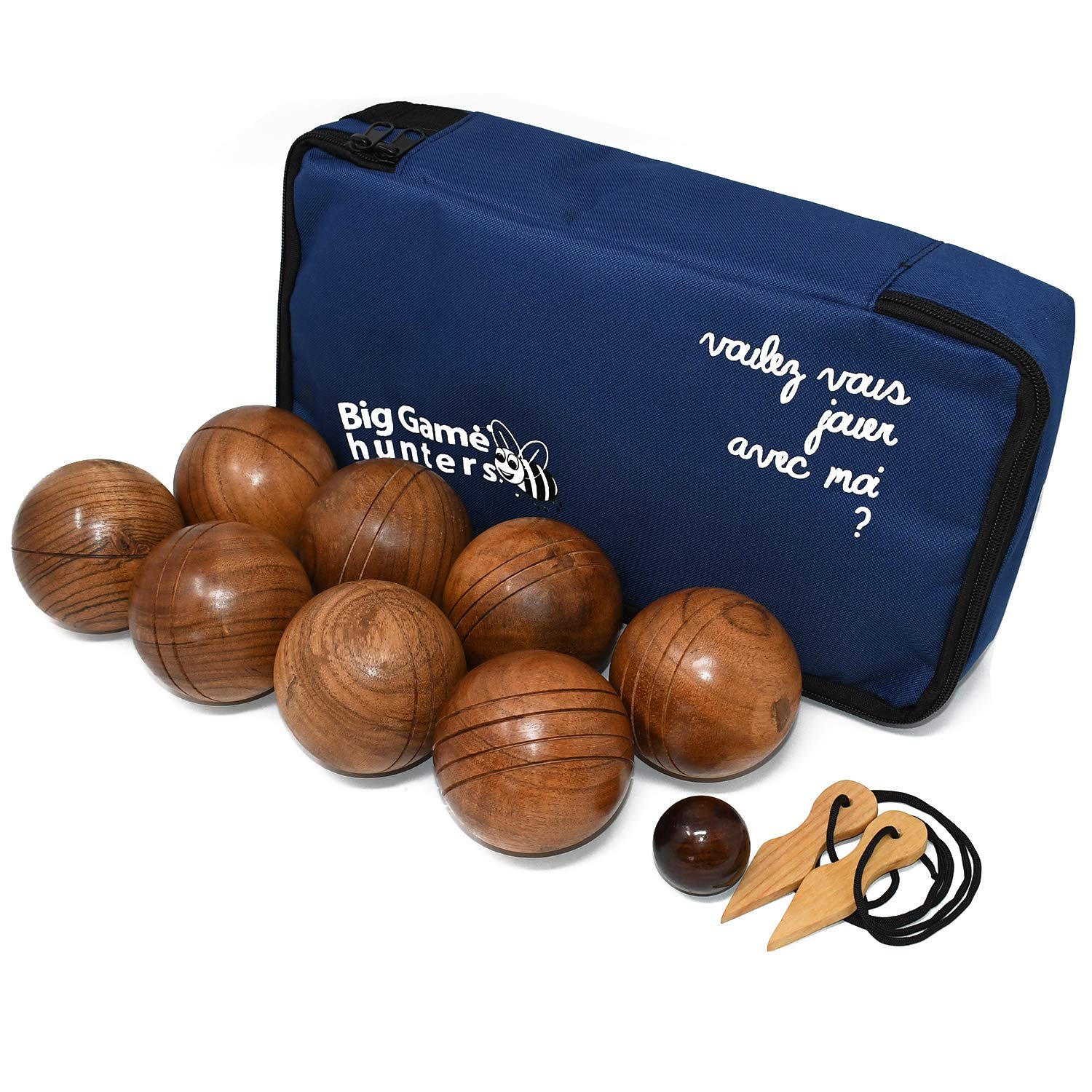 Big Game Hunters Wooden Boules Set of 8 Solid Engraved Balls with Padded Canvas Carry Case, Petanque Garden Game