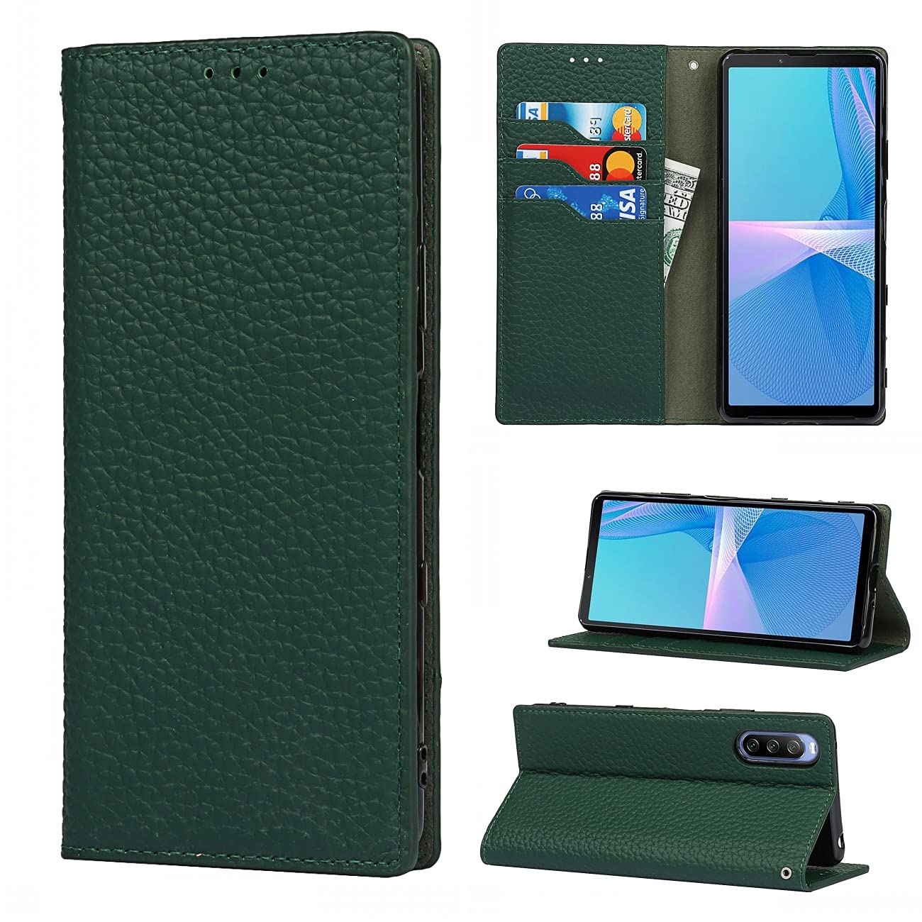 Copmob Phone Case Sony 10 III,Genuine Leather Flip Wallet Case,[3 Card Slots][Magnetic Closure][RFID-Blocking],Protective Case Cover for Sony Xperia 10 III - Dark Green