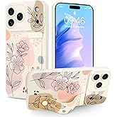 Jefonha Case for iPhone 17 Pro Max Silicone Phone Case with Strap for Women Girls Cute Floral Flowers Design, Adjustable Finger Strap Kickstand Protective Cover, Beige