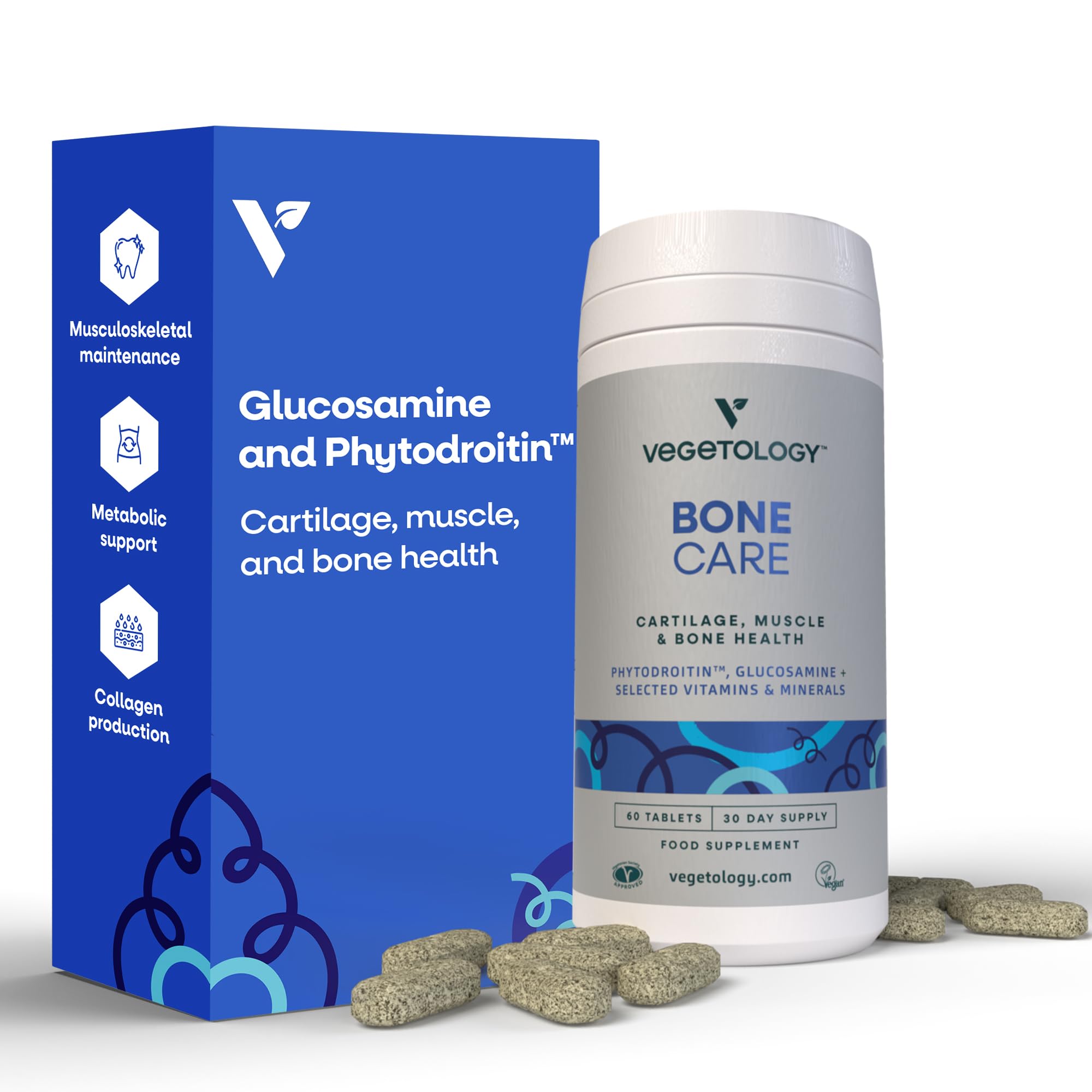 Vegetology Bone Care, Joint Supplement, Glucosamine and Phytodroitin™, Vegan Alternative to Chondroitin, Sustainably Sourced, Vegan, Made in UK