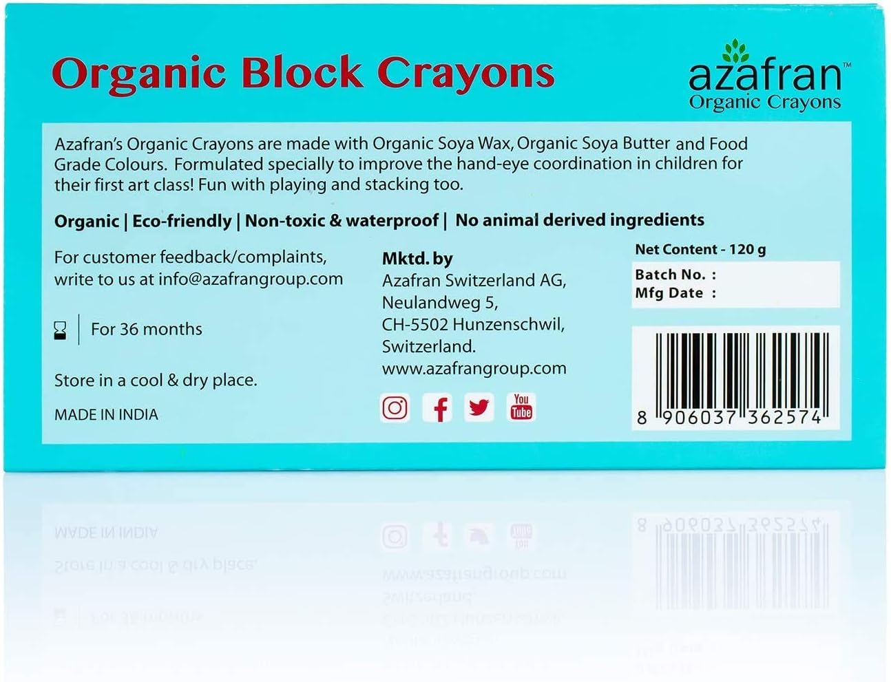 Azafran Organic Crayons Organic Block Crayons, 16 Colors Plant-Derived Ingredients, Non-Greasy, Eco Friendly, Food Grade Colors, For Toddlers, Fun With Playing and Stacking - 120 Grams - Image 3