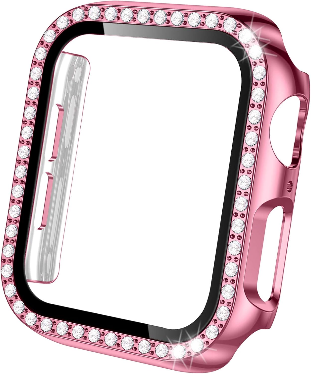 Akkerds Cases Compatible with Apple Watch 44mm, Bling Crystal Shiny Diamonds PC Bumper & HD Tempered Glass Screen Protector Overall Protective Compatible for iWatch Series 6/SE/5/4, Women, Rose Pink