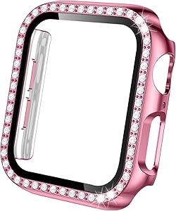 Akkerds Cases Compatible with Apple Watch 44mm, Bling Crystal Shiny Diamonds PC Bumper & HD Tempered Glass Screen Protector Overall Protective Compatible for iWatch Series 6/SE/5/4, Women, Rose Pink
