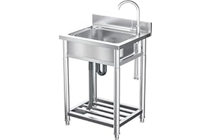 JOPHUN Stainless Steel Sink with Cold and Hot Water Pipe, Free Standing Single Bowl Kitchen Sink w/Storage Shelves Indoor Outdoor(21.7in)