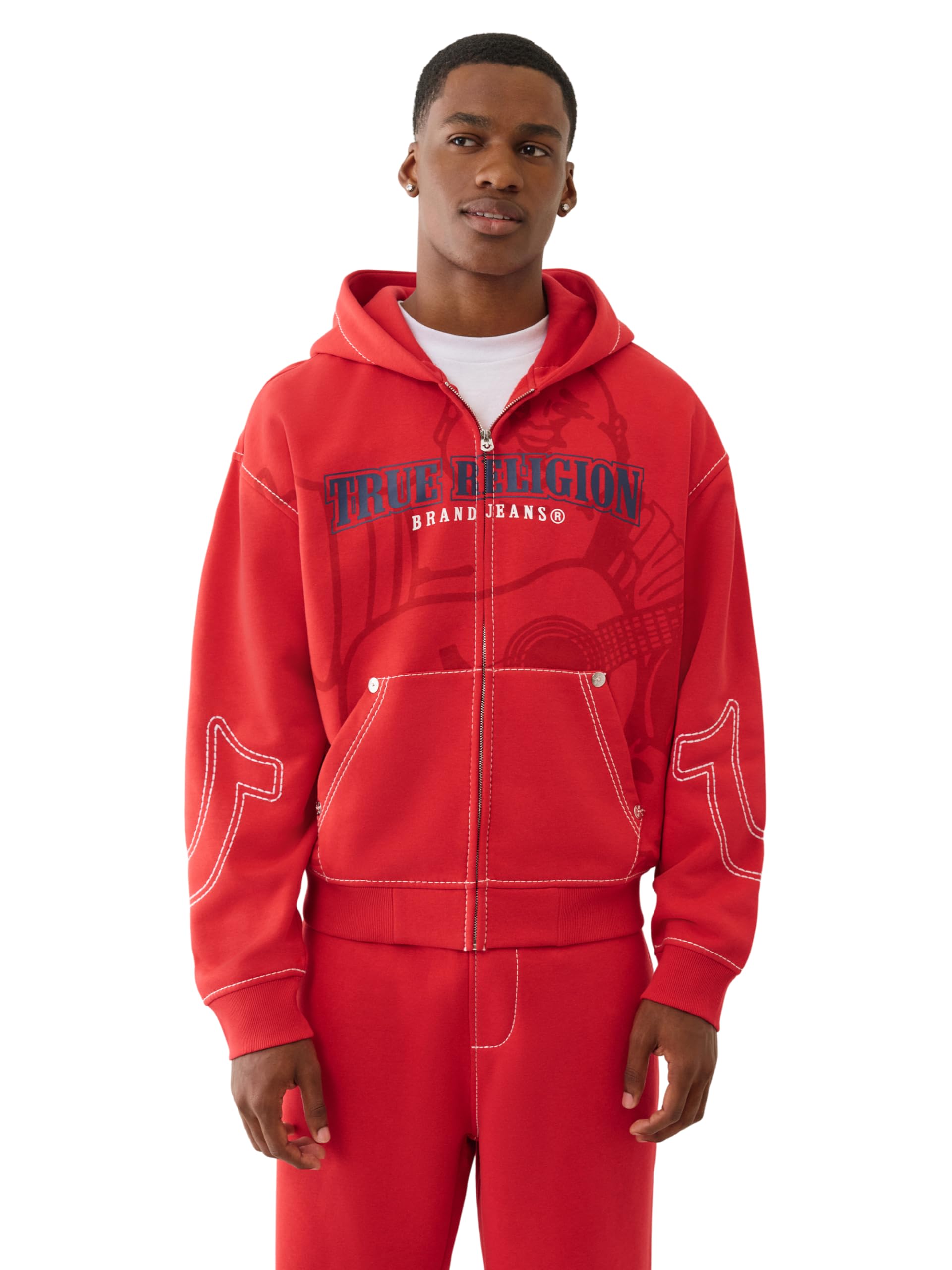 True Religion Men’s Cinched Big T Zip UP Hoodie – Full Zip Sweatshirt with Contrast Stitching- TRV Red, XL