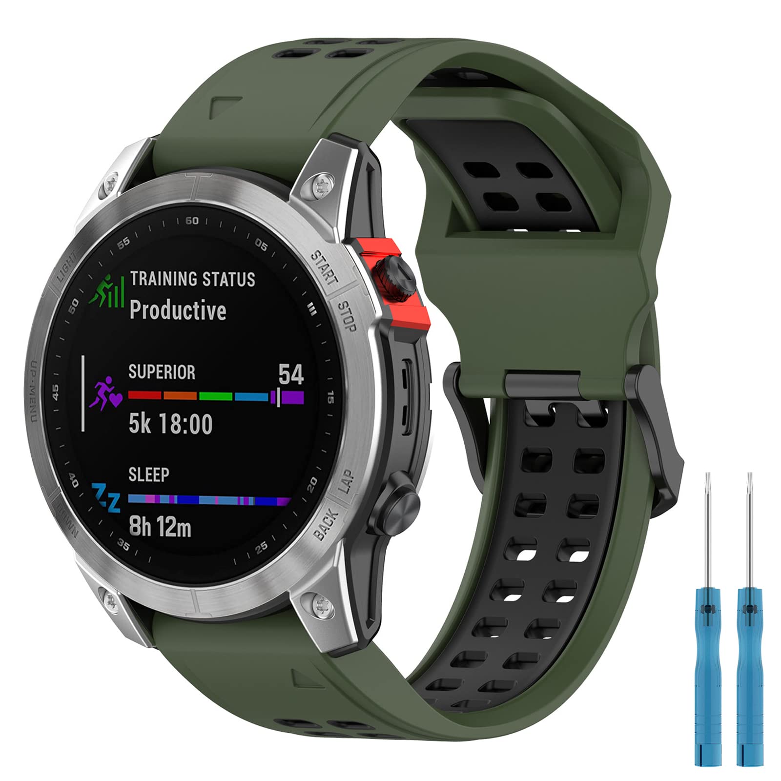 Miimall 26mm Silicone Band for Garmin Fenix 7X/6X/5X, 7X Solar/ 7X Sapphire /6X Pro/6X Sapphire/5X Sapphire/5X Plus/Fenix 3/3 HR, Replacement Sports Strap for Descent MK1/MK2/MK2i -Army Green+Black