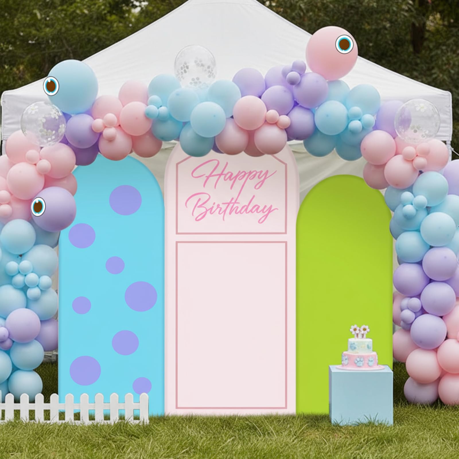 Photo 1 of Chunful 3 Pcs Monster Themed Birthday Arch Backdrop Cover Baby Shower Photo Background Decor 2-Sided Round Backdrop Arch Cover for Wedding Bridal Shower Fiesta Decor 6 ft/5 ft/4 ft (Pink-Blue-Green)